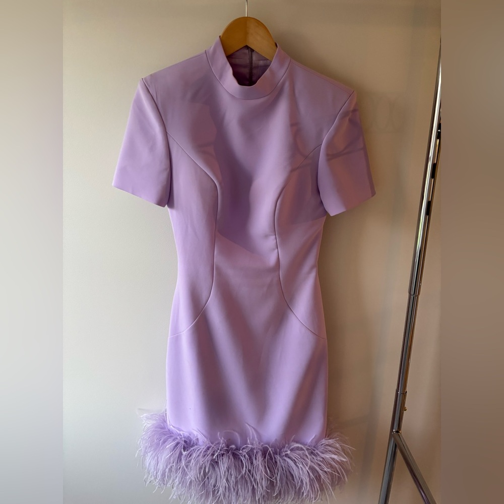 Jovani Lilac Mini Dress with Feather Hem